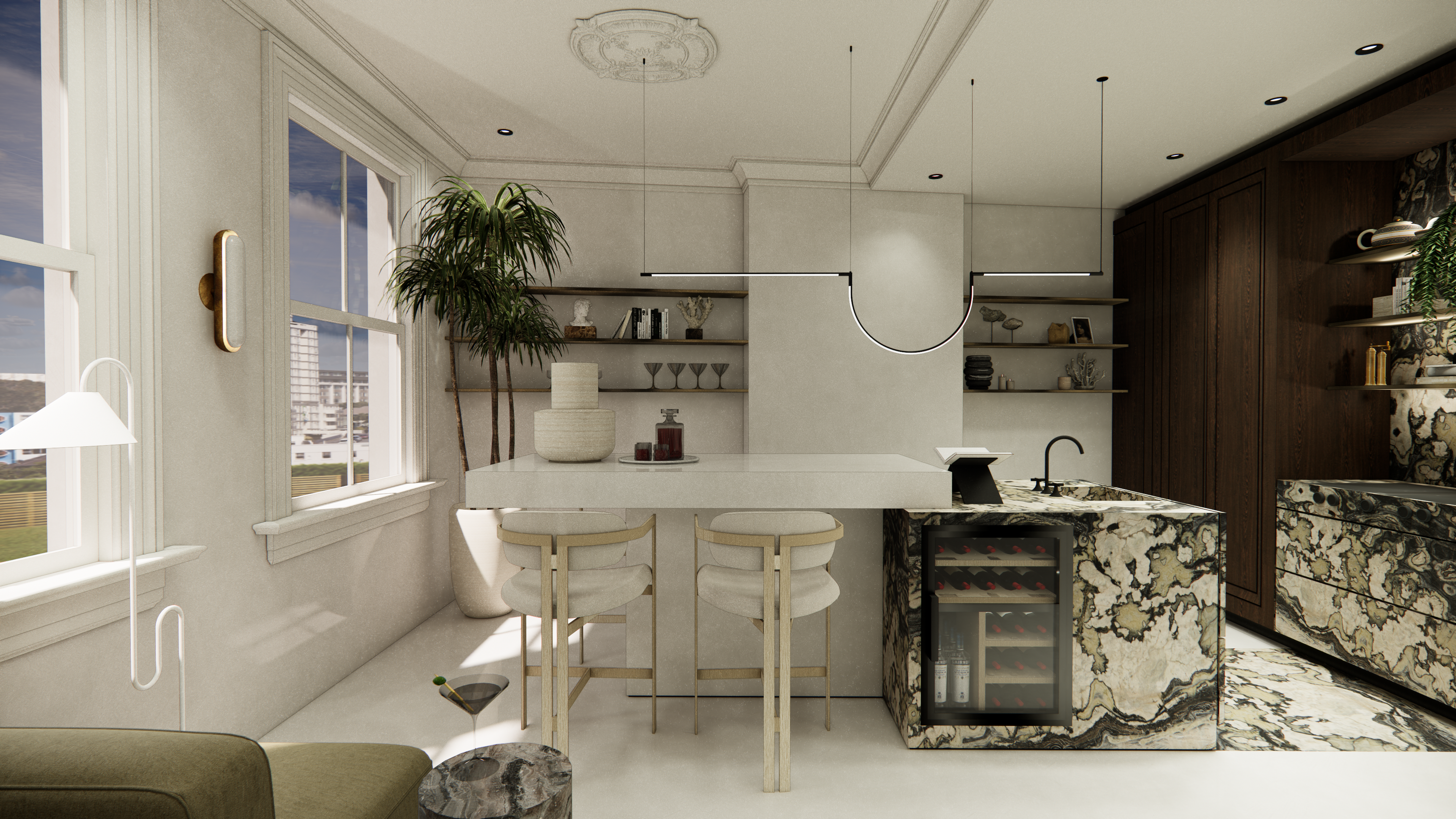 "Luxe Londen appartement met marmeren kookeiland, houten keukenkasten en verfijnde kunst- en messingdetails."