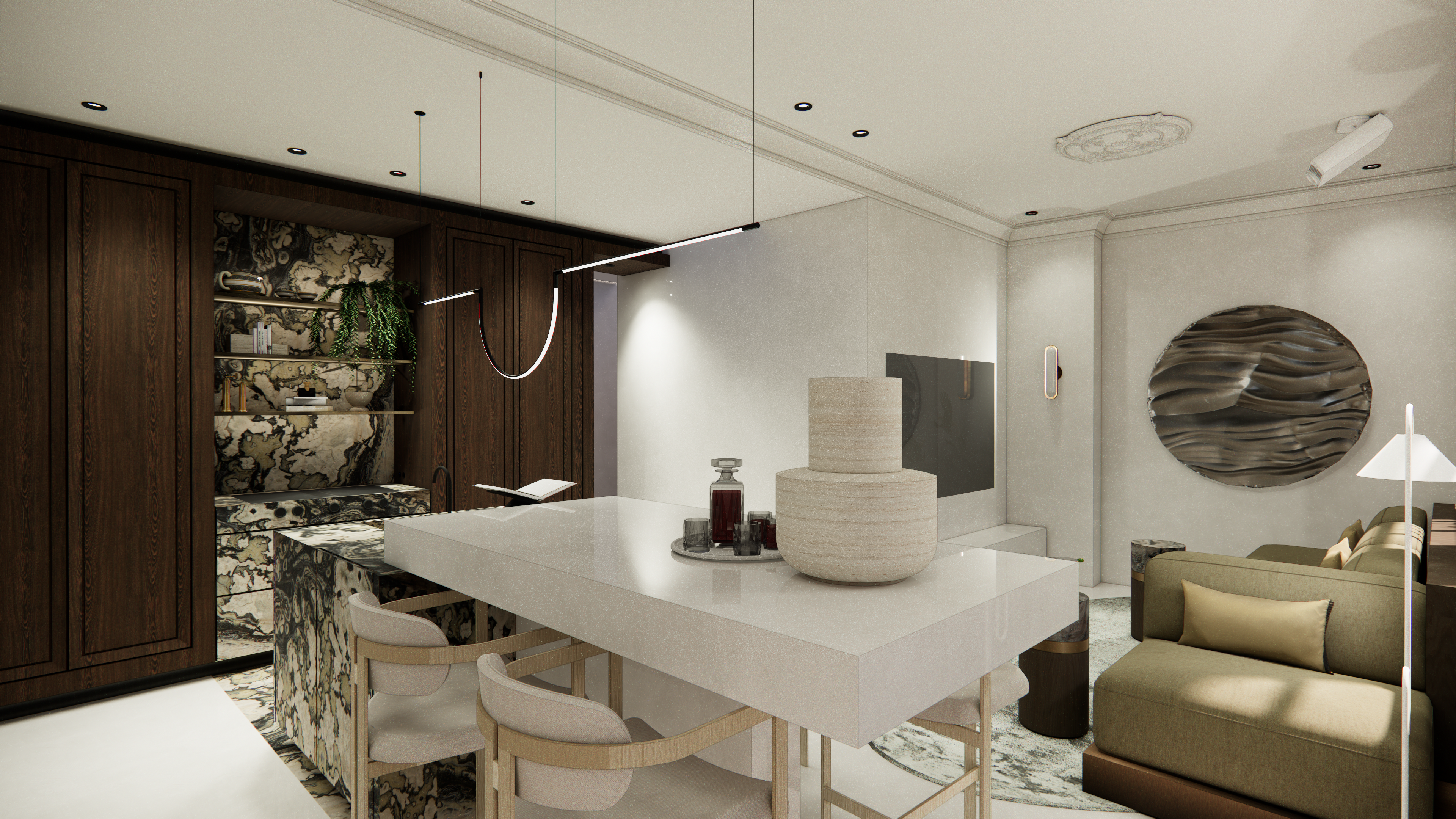 "Luxe Londen appartement met marmeren kookeiland, houten keukenkasten en verfijnde kunst- en messingdetails."