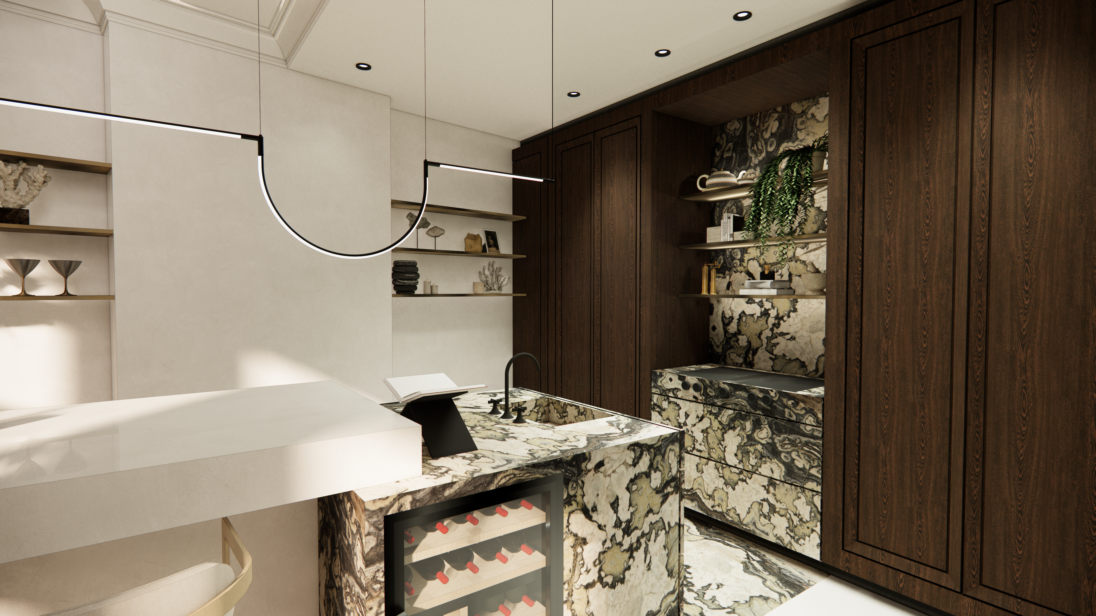 "Luxe Londen appartement met marmerean kookeiland, houten keukenkasten en verfijnde kunst- en messingdetails."