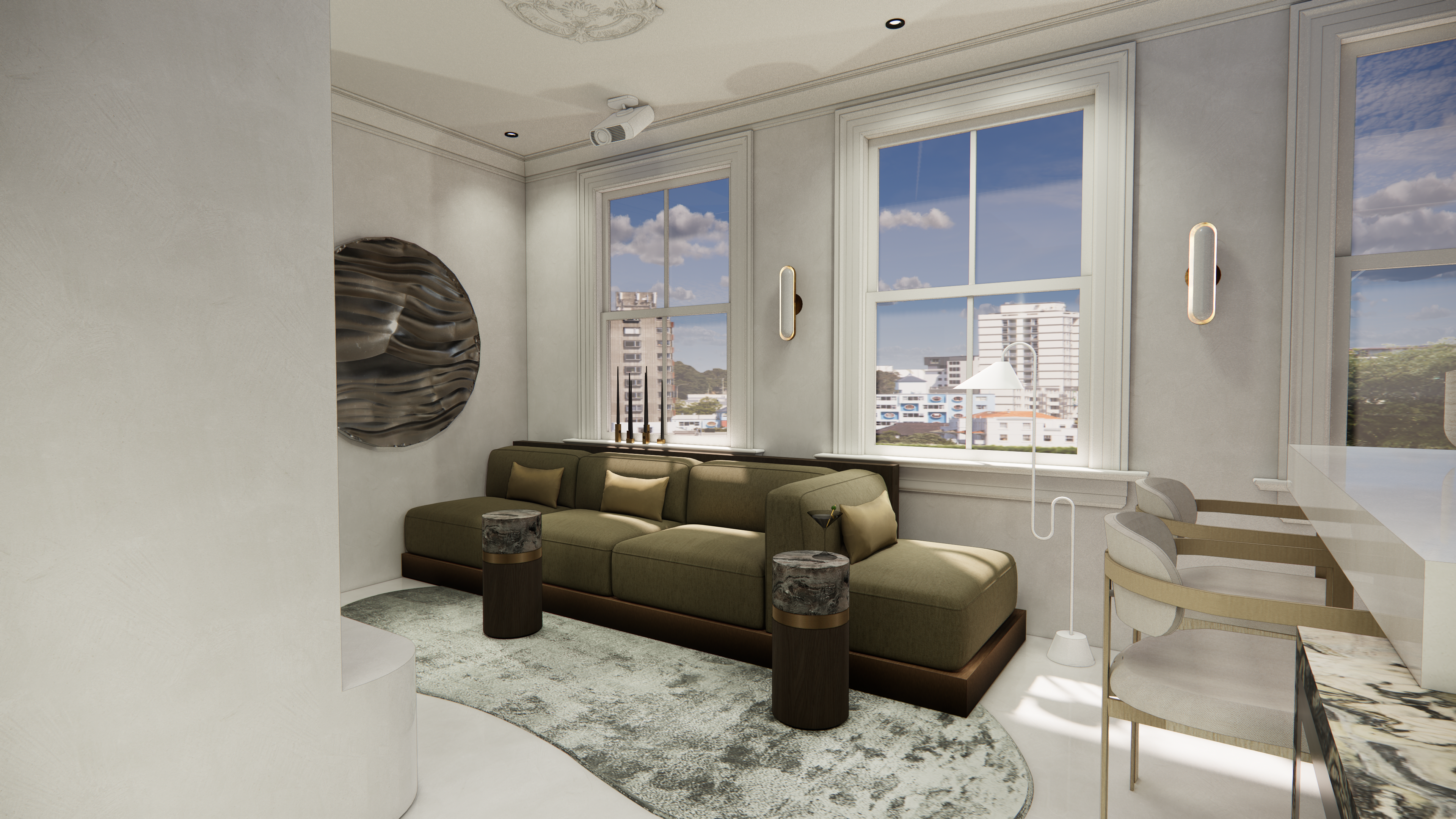 "Luxe Londen appartement met marmeren kookeiland, houten keukenkasten en verfijnde kunst- en messingdetails."