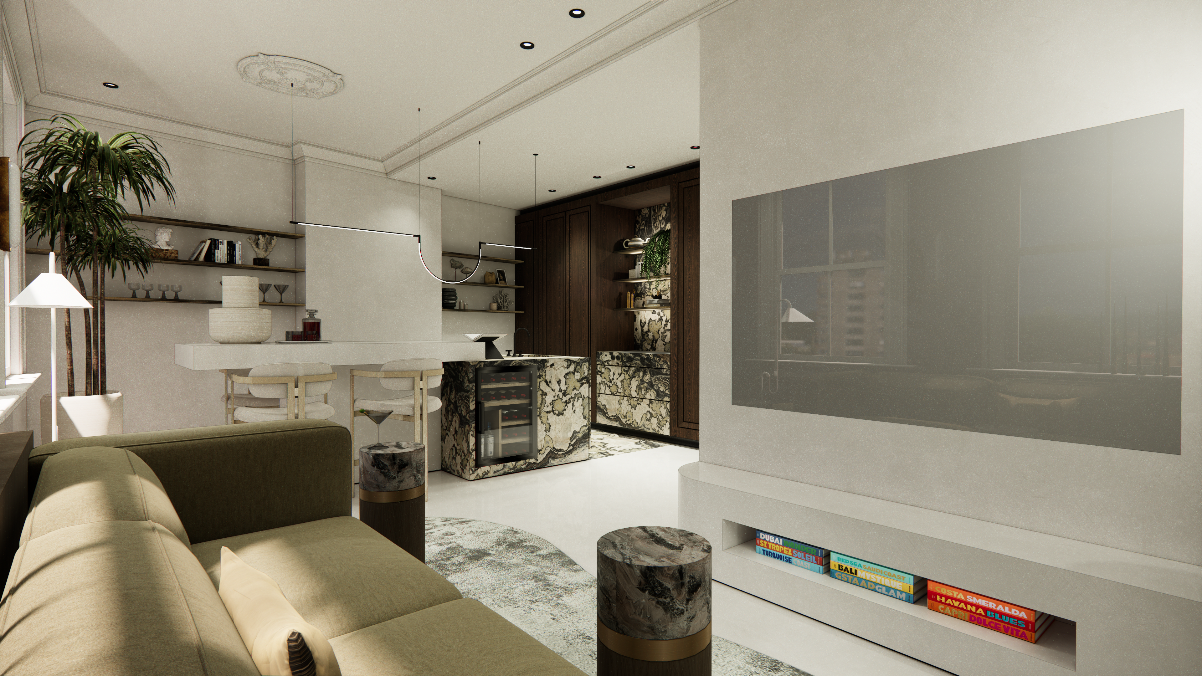 "Luxe Londen appartement met marmeren kookeiland, houten keukenkasten en verfijnde kunst- en messingdetails."