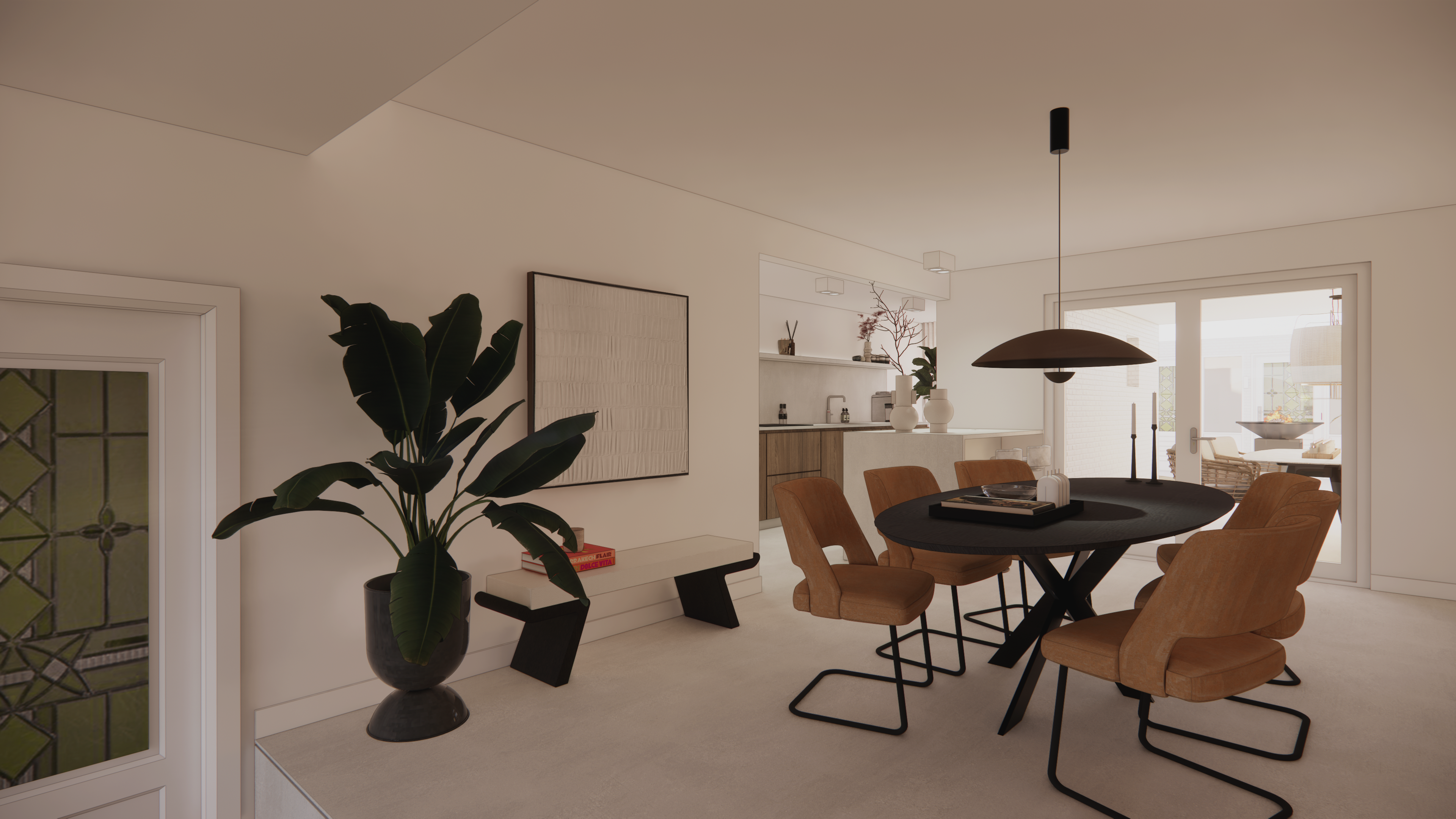 "Luxe appartement met notenhouten keuken voorzien van een Hongaarse punt en betonlook PVC-vloer. Openslaande deuren leiden naar het dakterras met een ovale tafel."