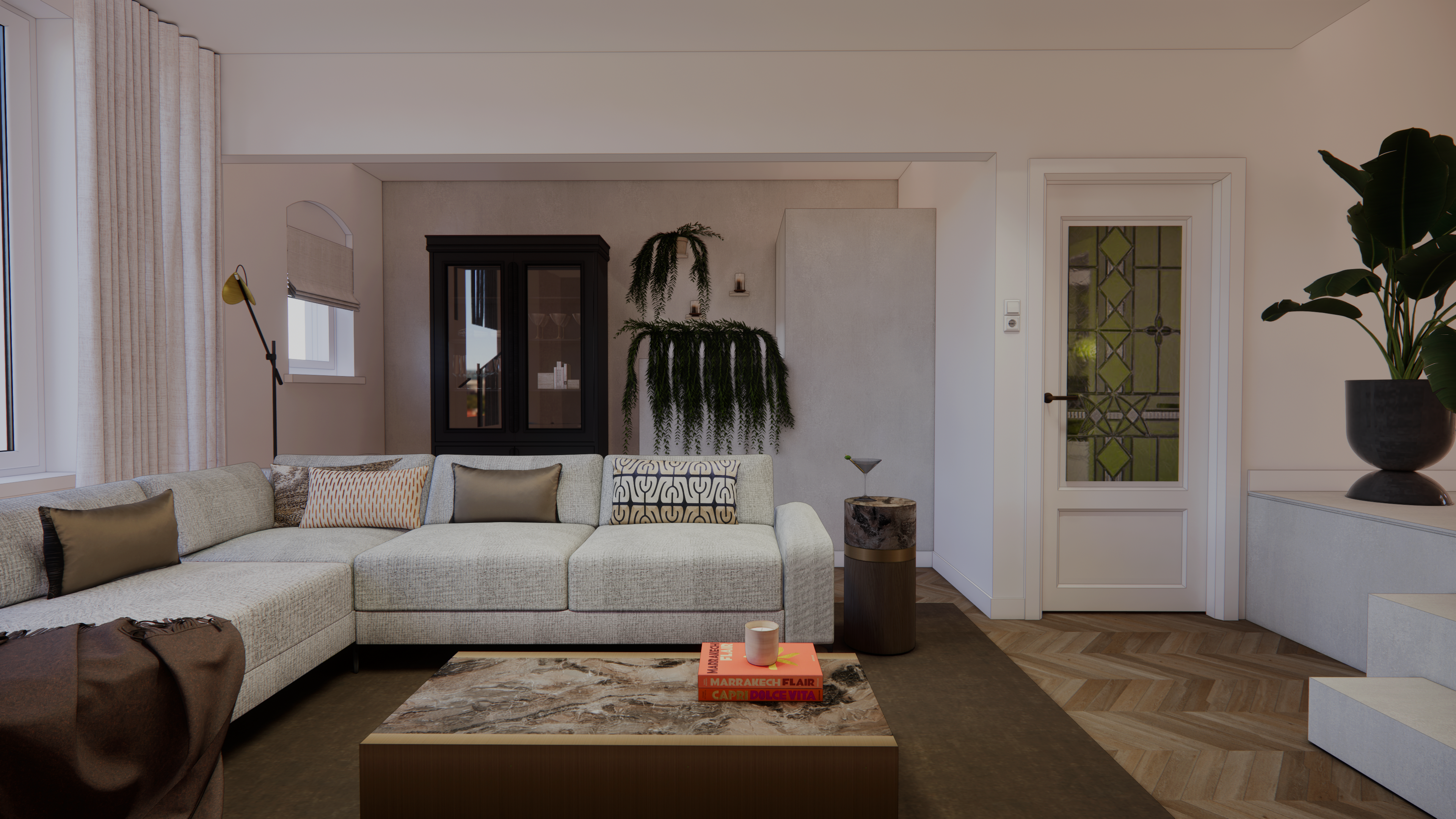 "Luxe appartement met notenhouten keuken voorzien van een Hongaarse punt en betonlook PVC-vloer. Openslaande deuren leiden naar het dakterras met een ovale tafel."