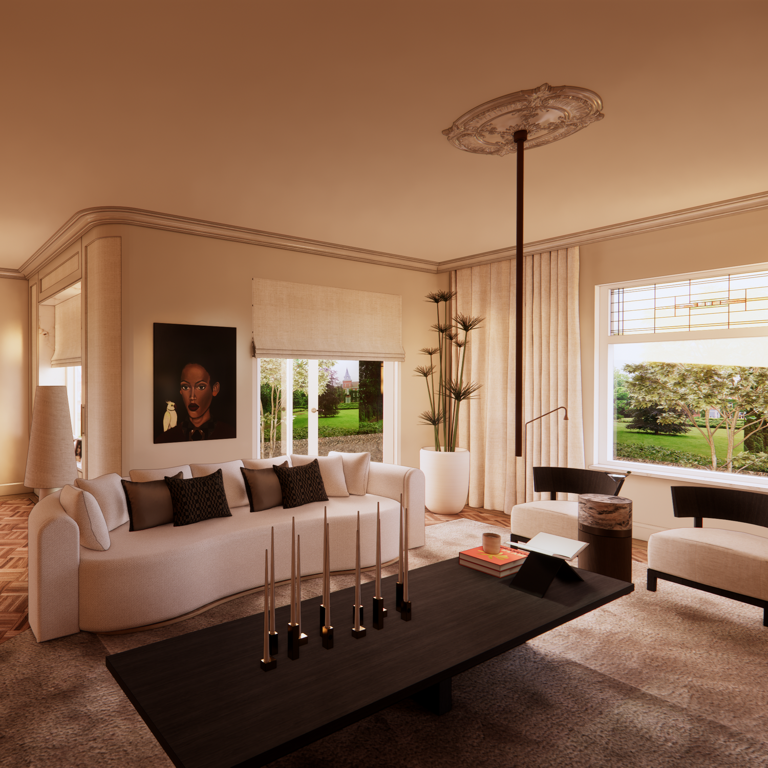 "Luxe interieurontwerp van een landelijke villa in Nederland, met warme houten elementen, stijlvolle meubels en een rustige, elegante sfeer. Het interieur combineert klassieke en moderne accenten, met een open indeling en veel natuurlijk licht."