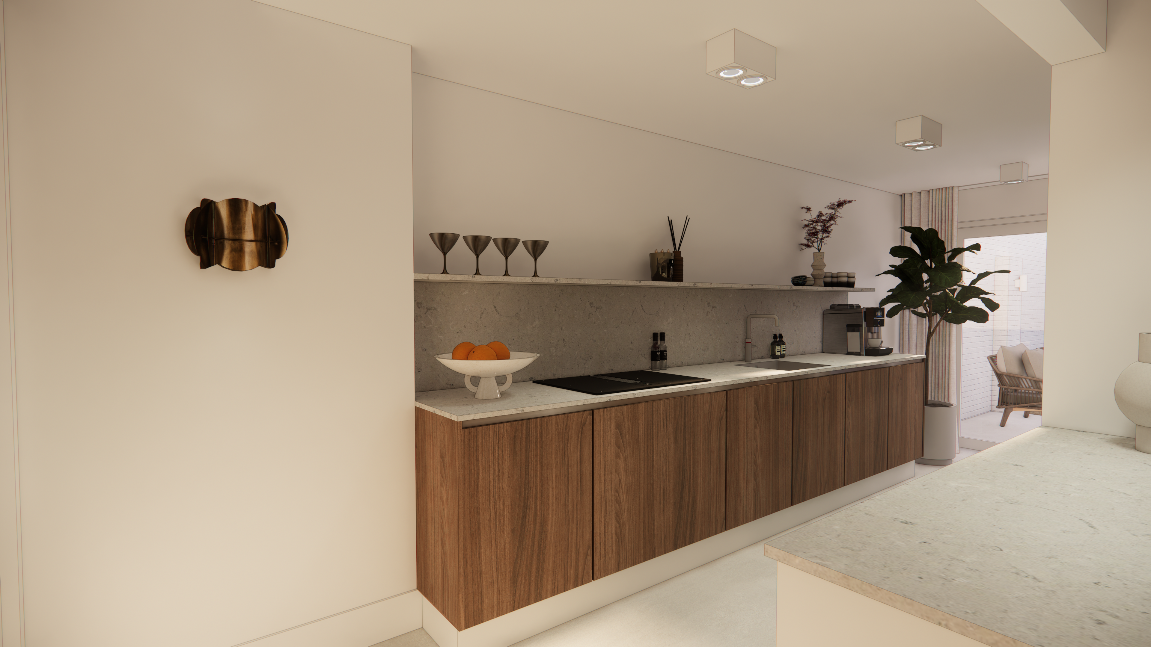 "Luxe appartement met notenhouten keuken voorzien van een Hongaarse punt en betonlook PVC-vloer. Openslaande deuren leiden naar het dakterras met een ovale tafel."