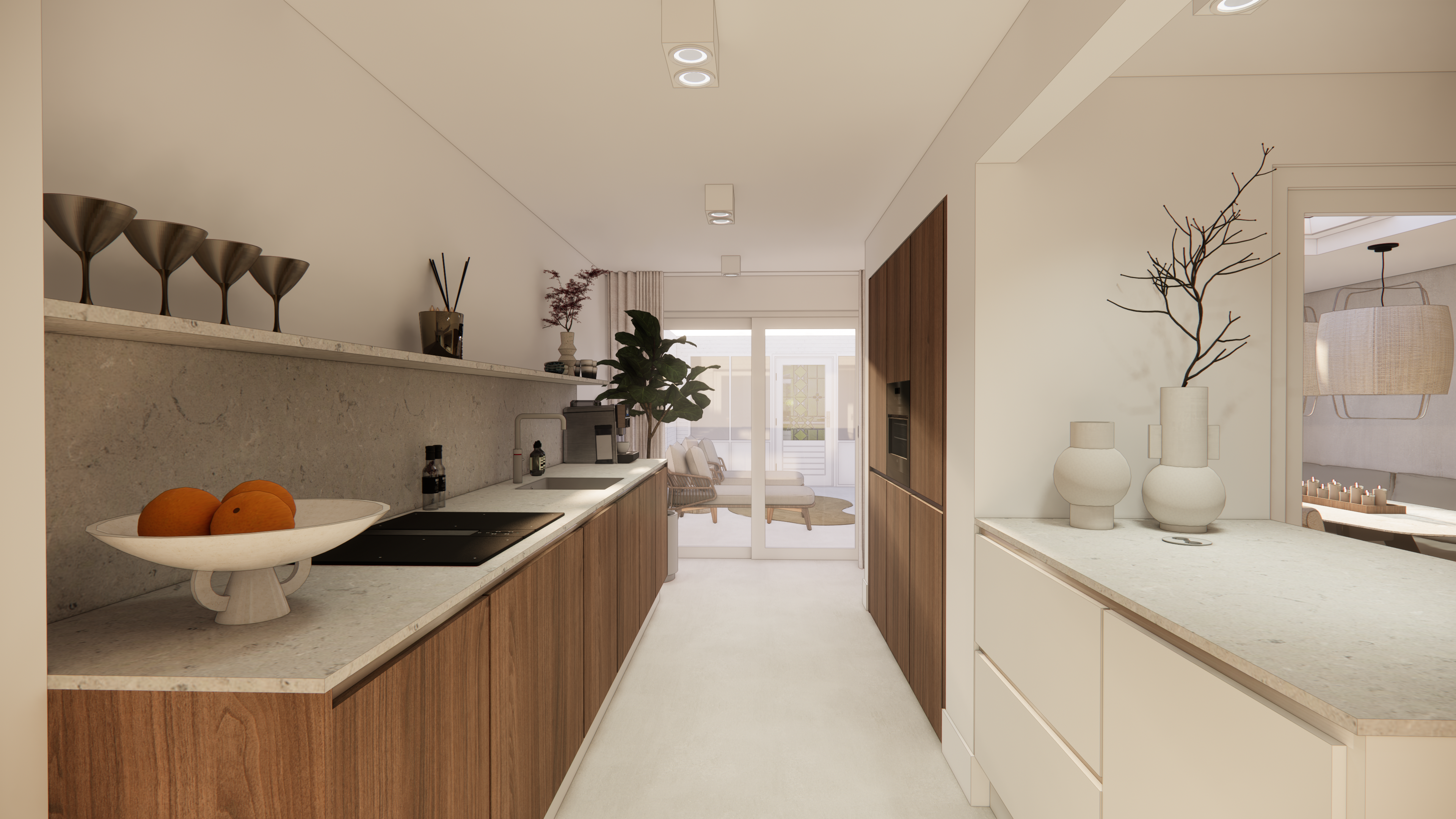 "Luxe appartement met notenhouten keuken voorzien van een Hongaarse punt en betonlook PVC-vloer. Openslaande deuren leiden naar het dakterras met een ovale tafel."