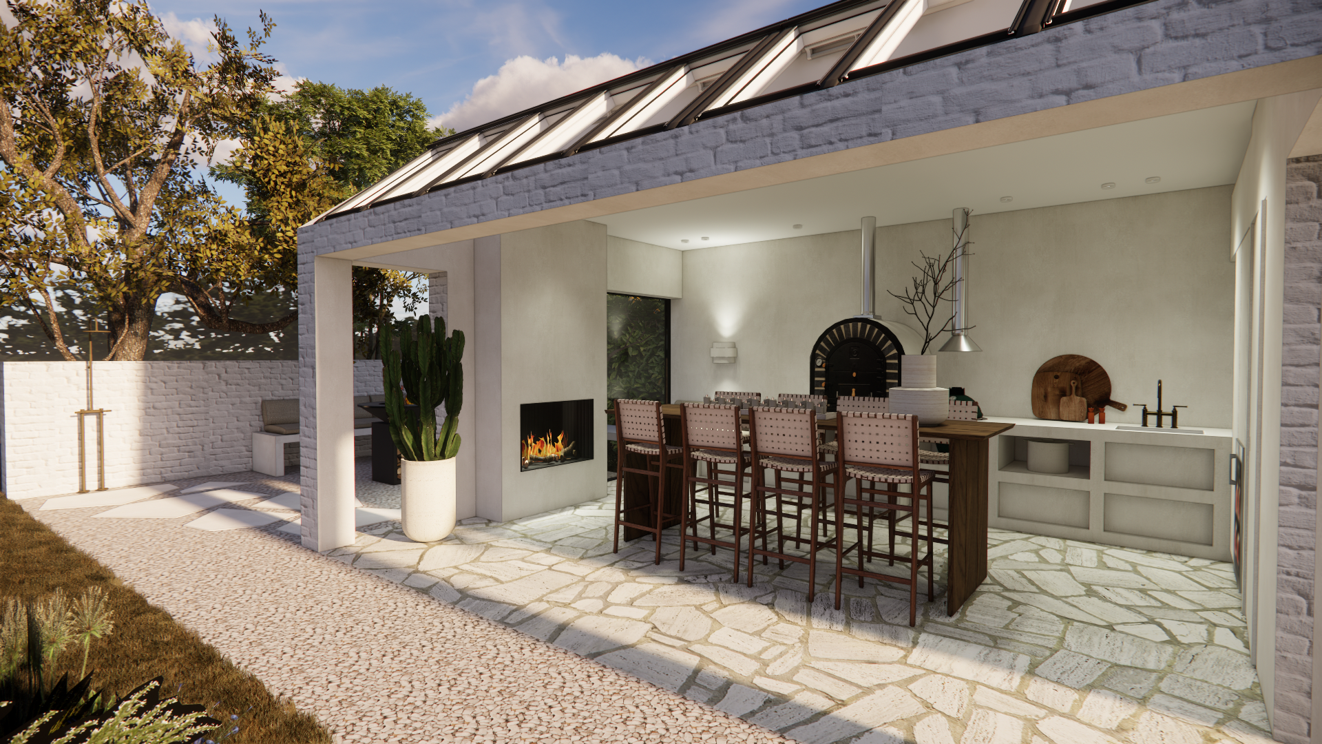 "Een luxueus tuinpaviljoen met een Green Egg, pizzaoven en dry aged kast, ontworpen als een verlengstuk van het huis om de buitenruimte optimaal te benutten. Een ideale plek om van de tuin te genieten en culinaire hoogstandjes te bereiden."